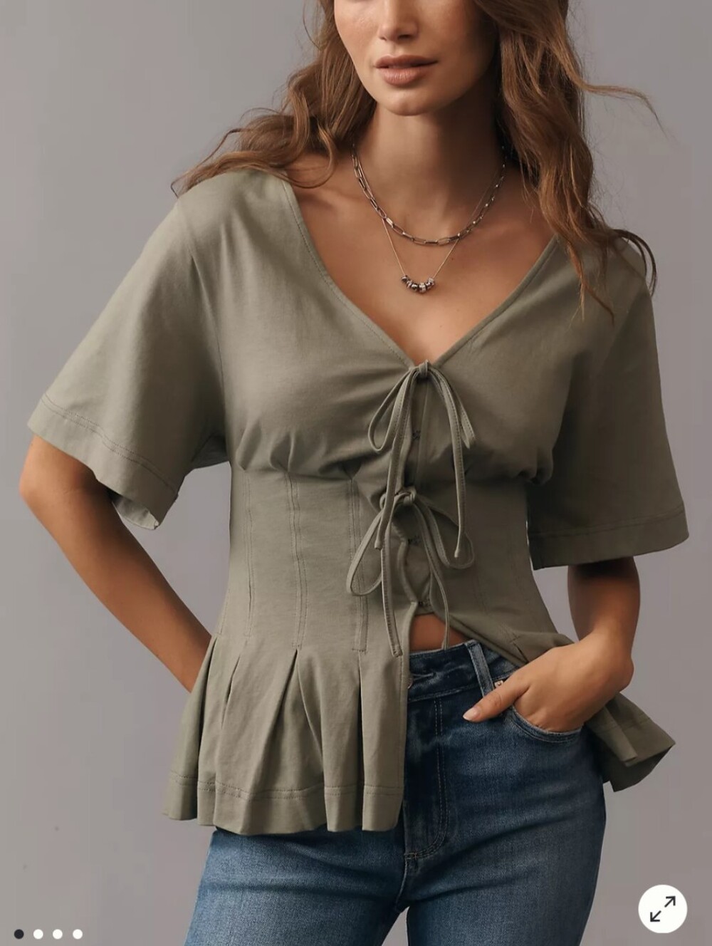 Anthropologie Waisted Short-Sleeve Tie-Front Top Sea Spray Green Medium